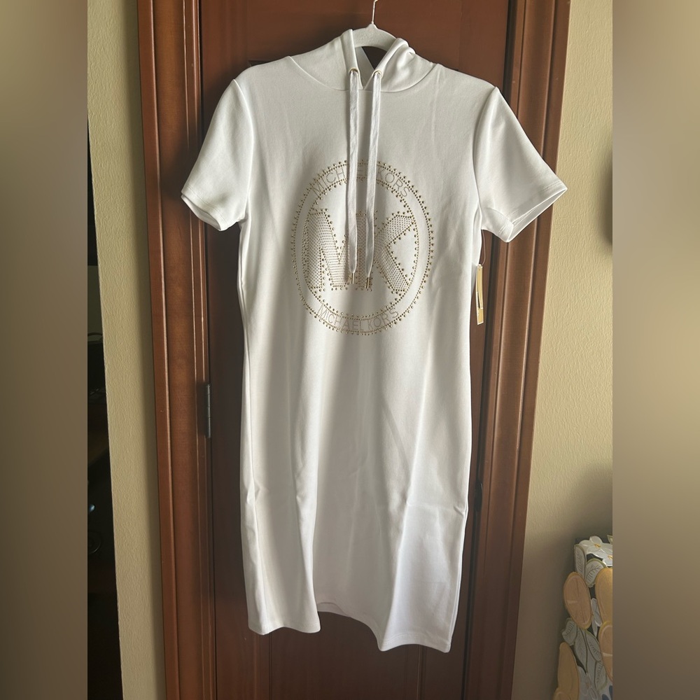 Michael Kors Gold Studded Logo White Short-Sleeve Hoodie Dress NWT🤩🤩